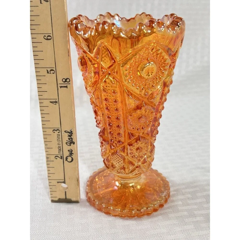 Vintage Imperial Carnival Glass  Vase Hobstar Marigold Iridescent Halloween Fall